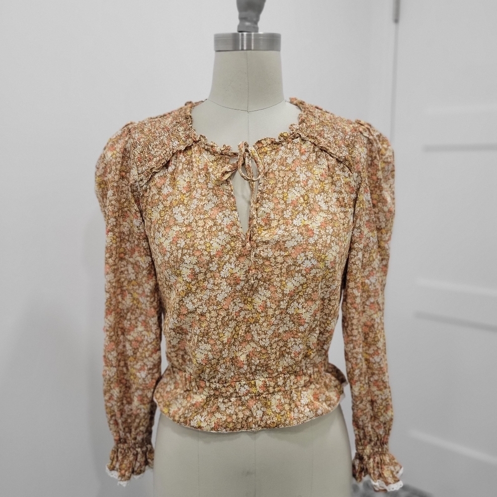 American Eagle Boho Floral Smock Detail Tie Neck Longsleeve Blouse Size S